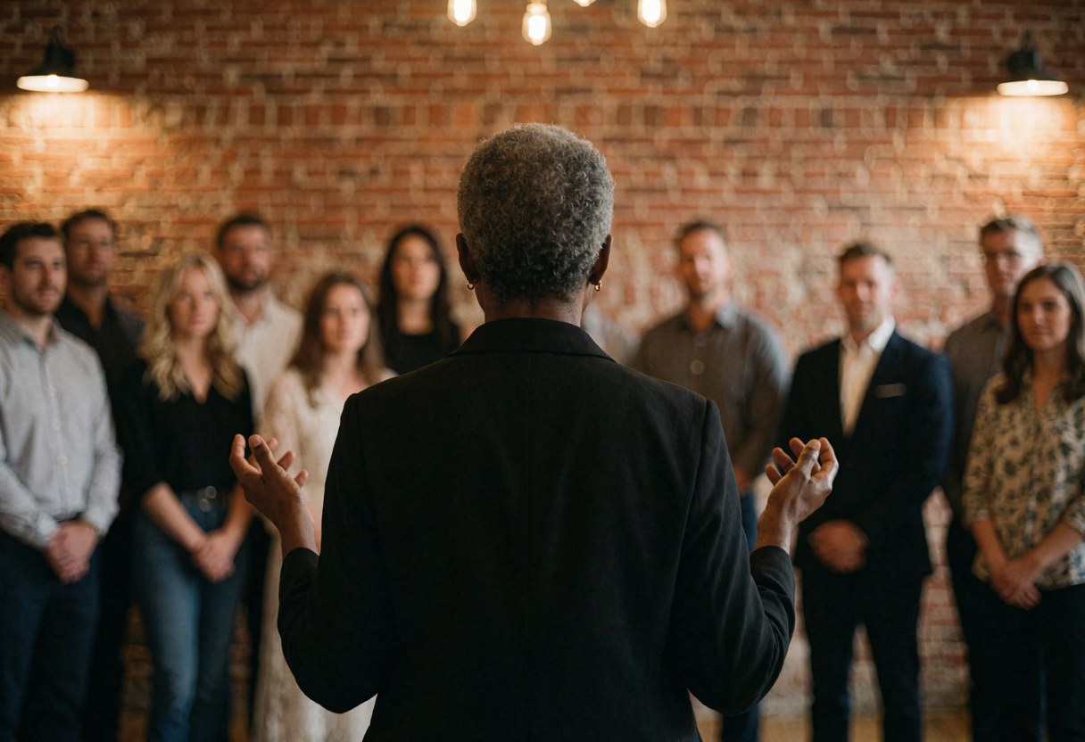 Wedding planner directing a group in a room with brick walls and hanging lights.