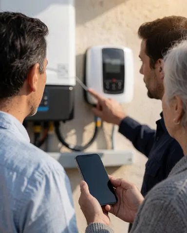 Technician explaining a wall-mounted solar device to a client holding a cell phone outdoors in sunlight.