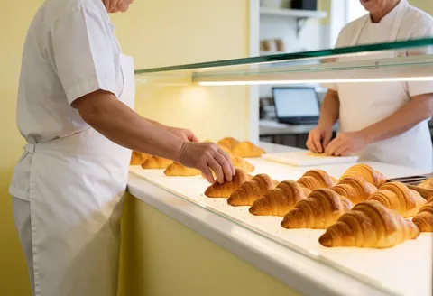 Baker placing golden croissants in a glass display case with warm lighting and soft yellow walls