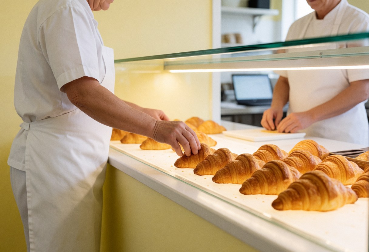 Baker placing golden croissants in a glass display case with warm lighting and soft yellow walls