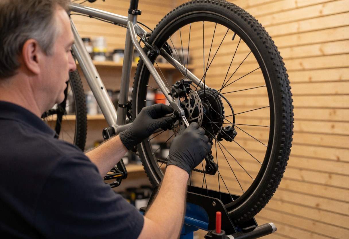 Technician adjusting the rear disc brake on a bicycle in a workshop