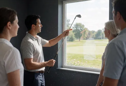 Golf instructor demonstrating swing technique with a club while attentive students listen during a lesson with a golf course visible through a window