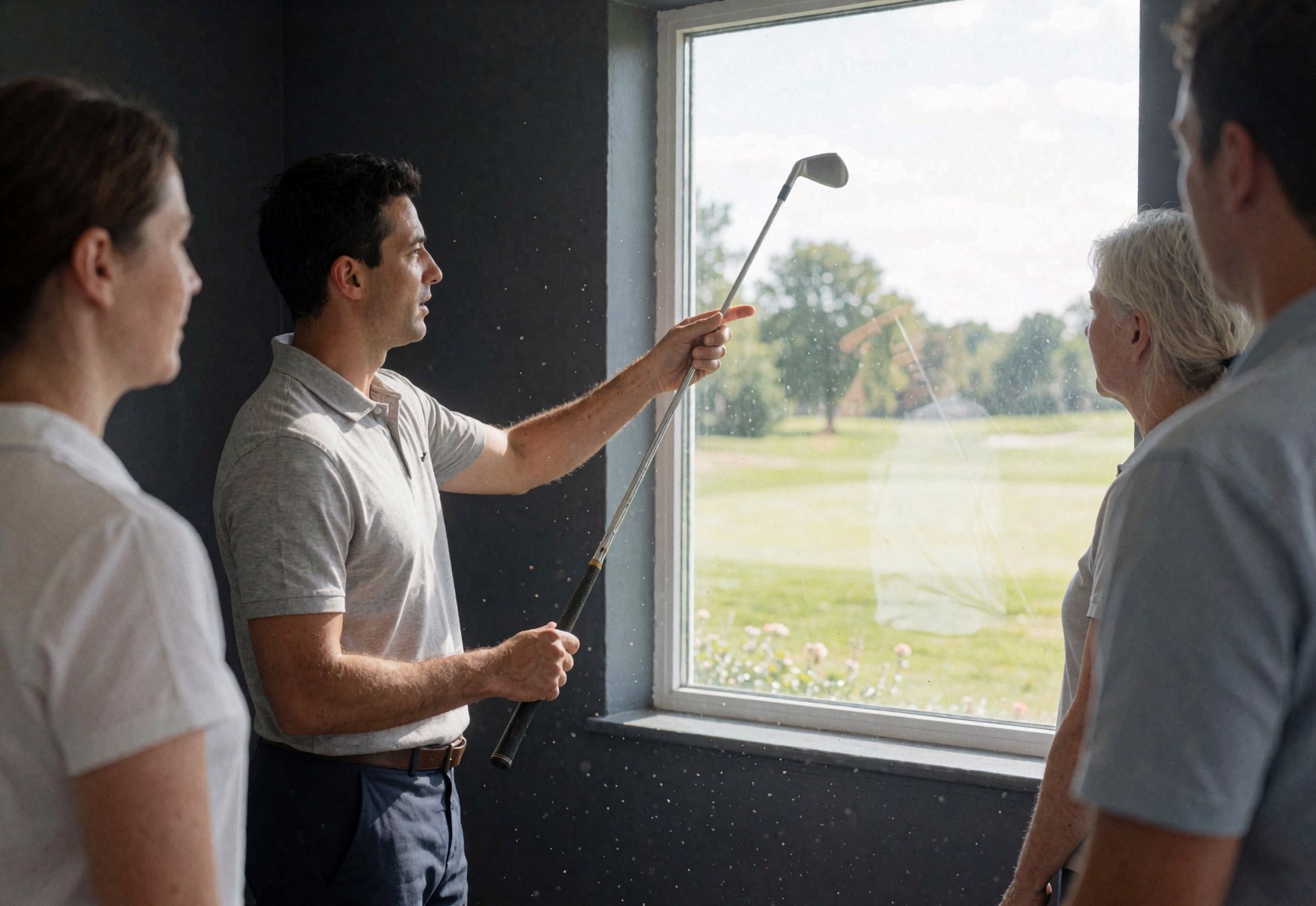 Golf instructor demonstrating swing technique with a club while attentive students listen during a lesson with a golf course visible through a window