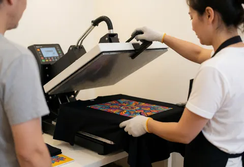 A woman wearing gloves operates a thermal sublimation press on a black t-shirt with a colorful design while a client watches in a textile printing workshop.