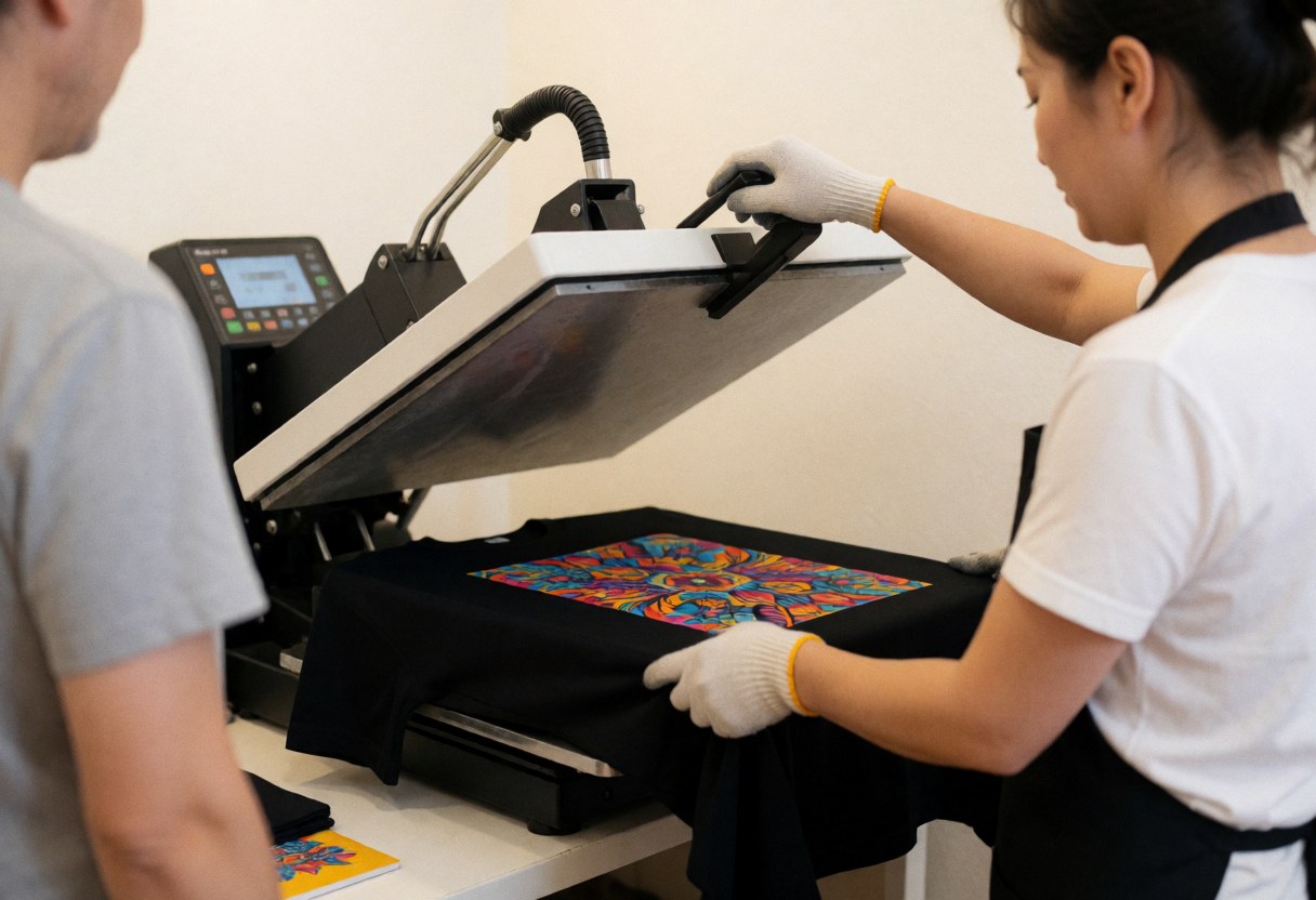 A woman wearing gloves operates a thermal sublimation press on a black t-shirt with a colorful design while a client watches in a textile printing workshop.