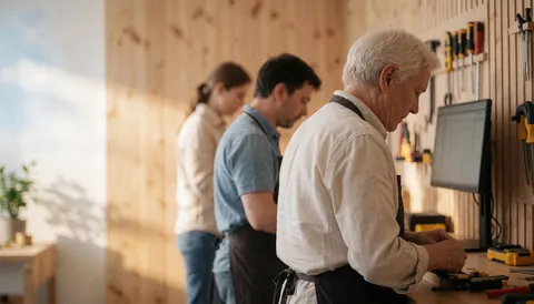Technicians working on a monitor in a wooden workshop with tools hanging on the walls and natural light.