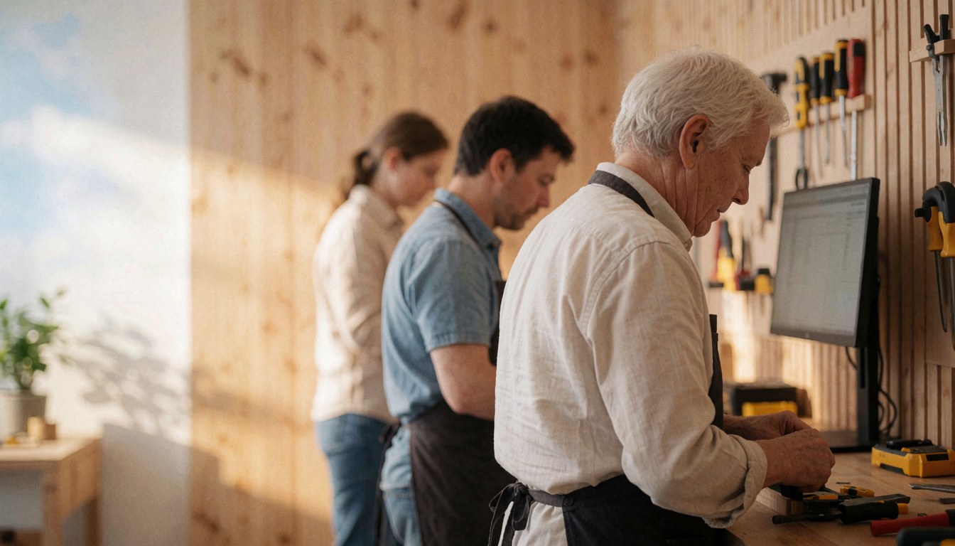Technicians working on a monitor in a wooden workshop with tools hanging on the walls and natural light.
