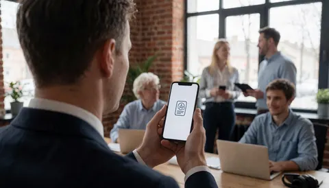 Business professional holding a smartphone displaying a service icon in an office with brick walls and colleagues working in the background