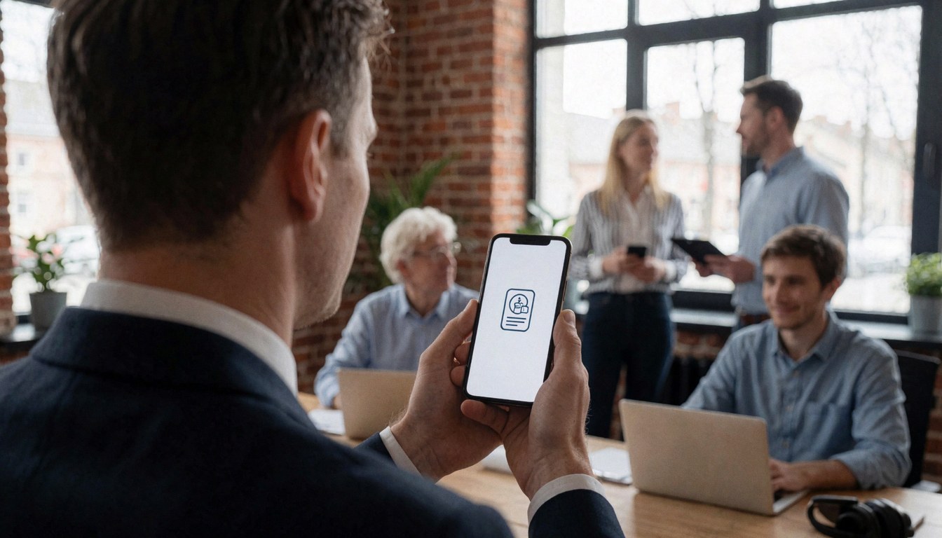 Business professional holding a smartphone displaying a service icon in an office with brick walls and colleagues working in the background