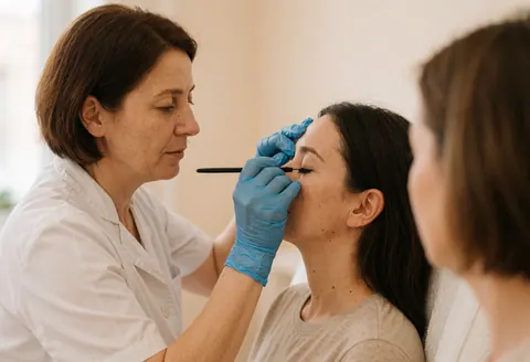 A technician wearing blue gloves applies makeup to a client with closed eyes in a salon with beige walls