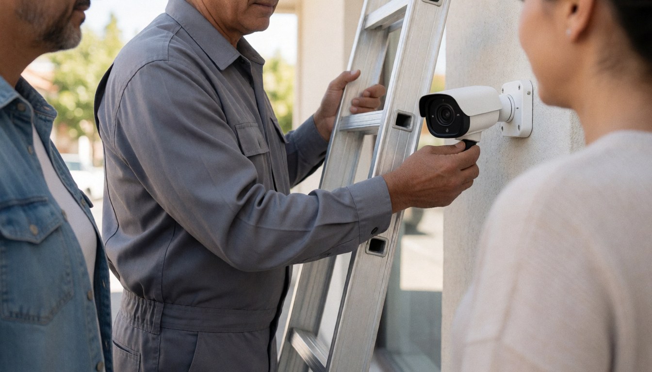 A technician on a ladder mounts a security camera on an exterior wall while a client watches the installation process.