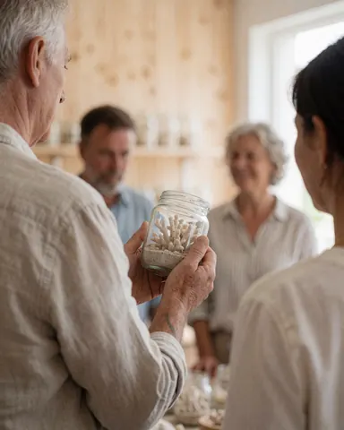 A customer holds a jar containing coral inside a cozy eco-friendly shop with light wooden walls.