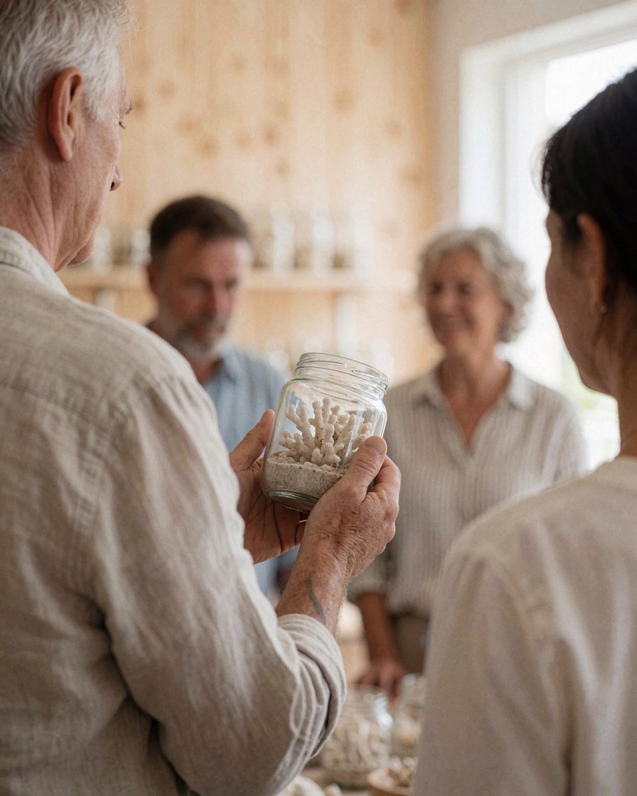 A customer holds a jar containing coral inside a cozy eco-friendly shop with light wooden walls.