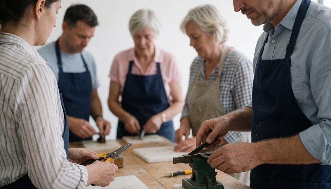 A group of adults working with tools in a metal workshop, showing the process of manufacturing metal parts.