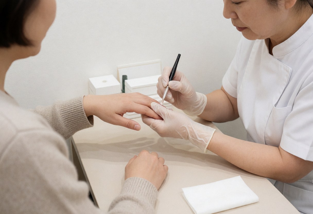 A manicurist wearing gloves applies a nail treatment to a client's hand in a clean, minimalist salon setting.