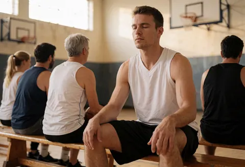 A basketball player sitting on a wooden bench in a gym with hoops visible, preparing for practice