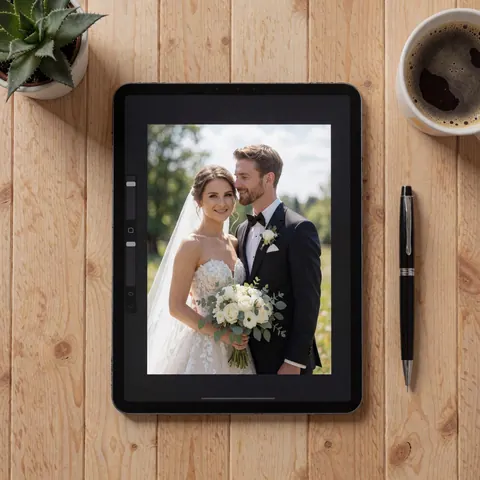A tablet displaying a wedding photo rests on a wooden table alongside a pen and a coffee cup, suitable for wedding photographers.