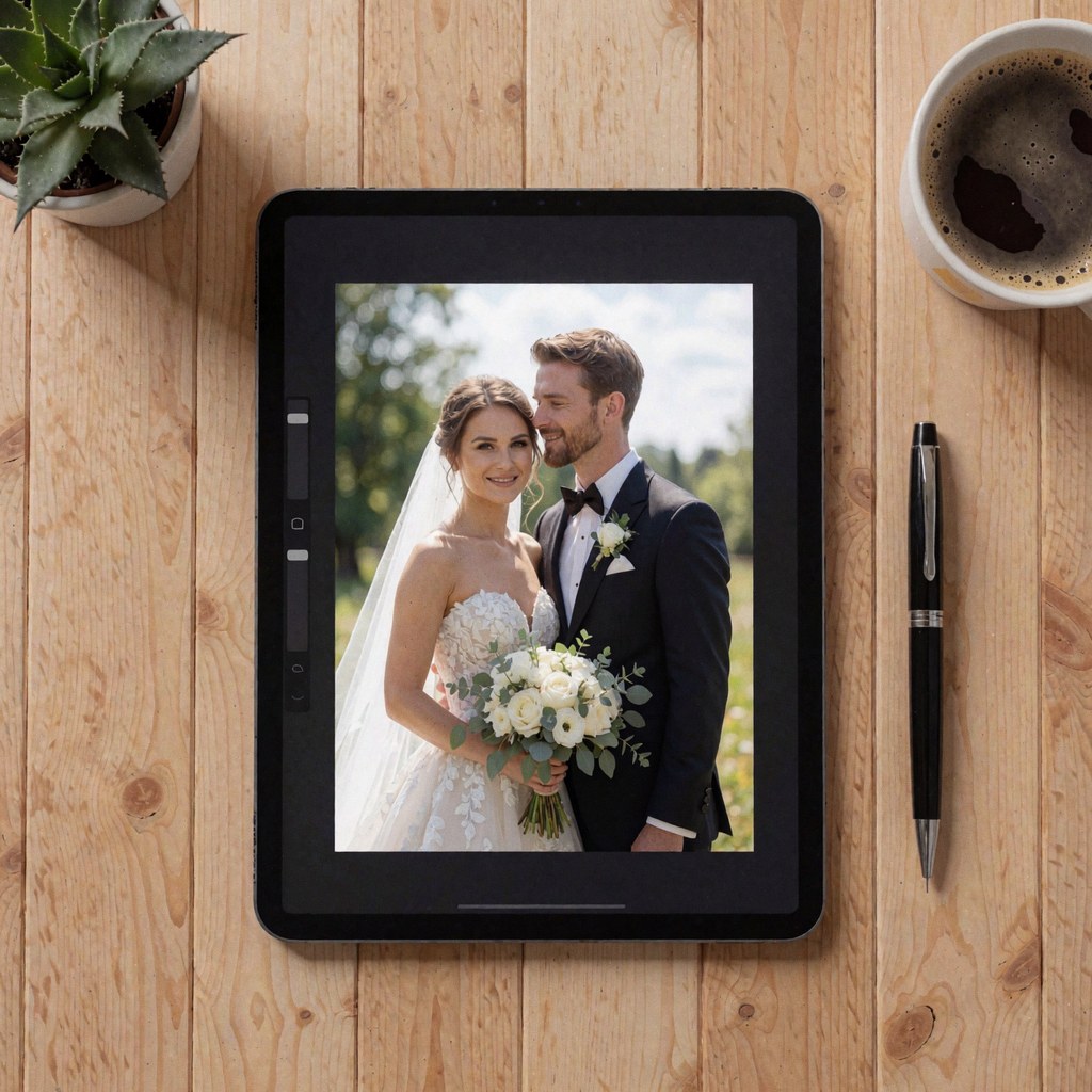 A tablet displaying a wedding photo rests on a wooden table alongside a pen and a coffee cup, suitable for wedding photographers.