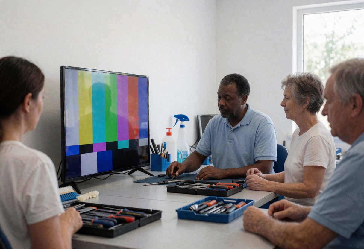 Technician repairing a television using a test pattern while customers watch in the repair shop
