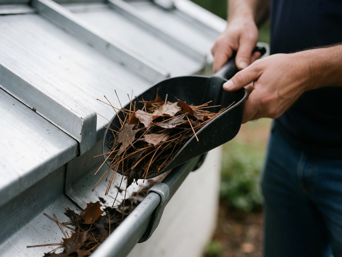 A hand using a black scoop to clear leaves and pine needles from an aluminum gutter during roof repair service