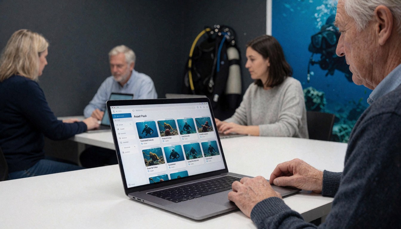 Work team with scuba diving photos in a modern office with gray walls and diving equipment in the background