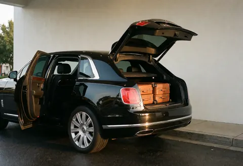 Black SUV parked at resort entrance with open trunk and leather luggage, wet pavement and white wall visible