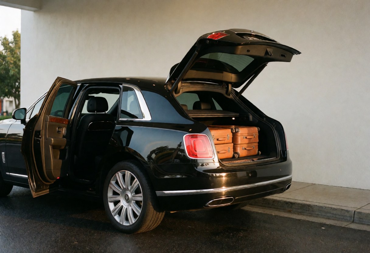 Black SUV parked at resort entrance with open trunk and leather luggage, wet pavement and white wall visible
