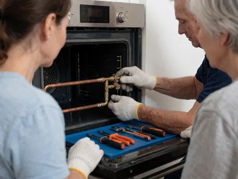Technician with gloves adjusts gas valve in open oven, tools on blue mat, white walls, kitchen repair service