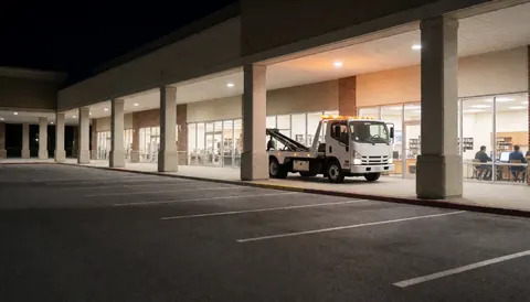 White tow truck with lights on parked in a shopping center parking lot ready for service