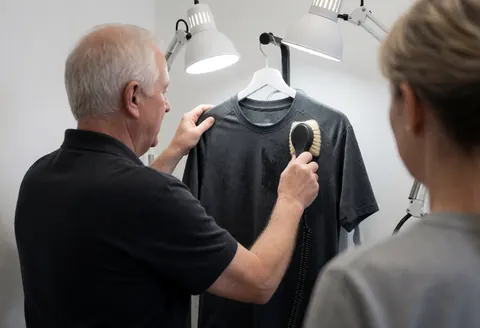 A professional cleaner uses a brush to remove a stain from a dark t-shirt hanging in a laundry shop while a customer watches.