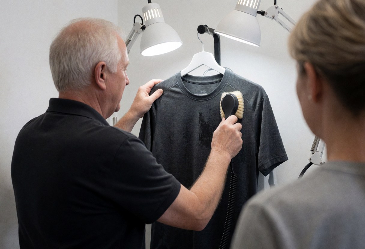 A professional cleaner uses a brush to remove a stain from a dark t-shirt hanging in a laundry shop while a customer watches.