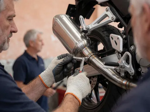 Mechanic wearing gloves adjusts an exhaust pipe in a workshop with terracotta plaster walls while another mechanic works in the background