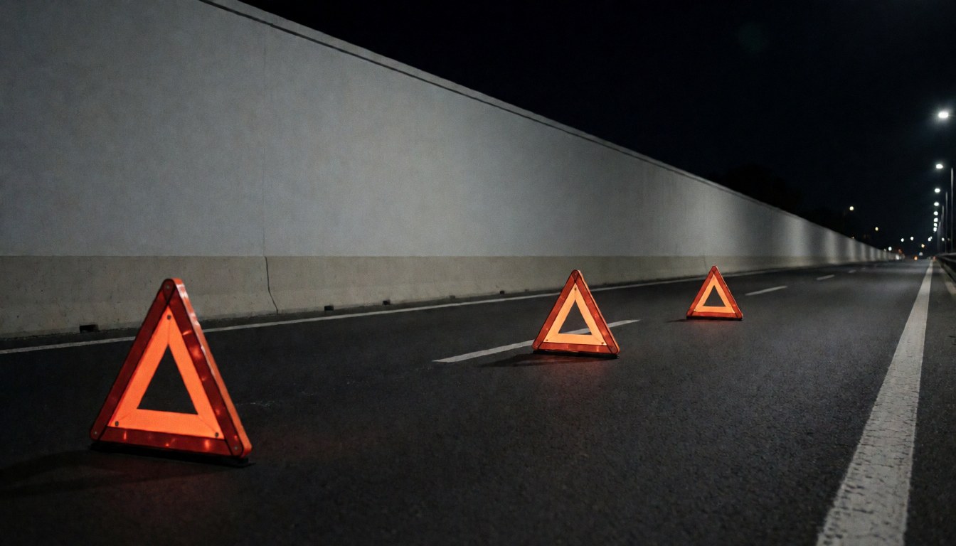 Three orange safety triangles placed on a nighttime road next to a retaining wall for towing services