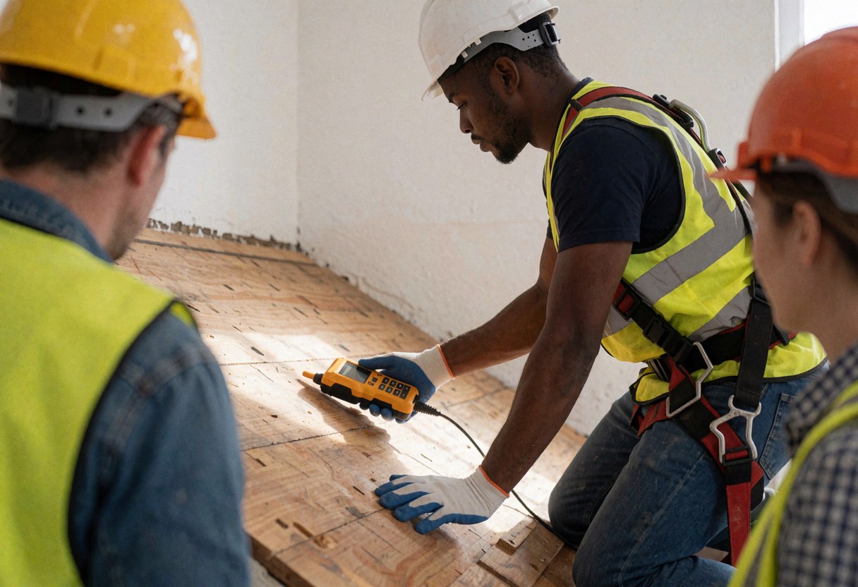 Technician using a moisture meter on a wooden roof while two other professionals observe the inspection work at the construction site.
