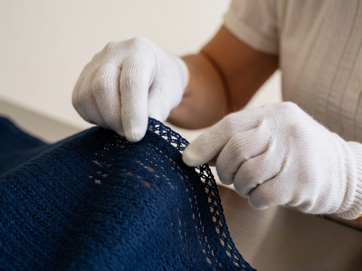 Hands wearing white gloves pressing the lace edge of a dark blue shawl on a polished metal surface in a laundromat.
