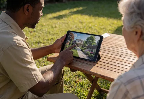 Gardener in khaki uniform displays a 3D garden design on a tablet to an older client seated at a wooden table in a residential garden.