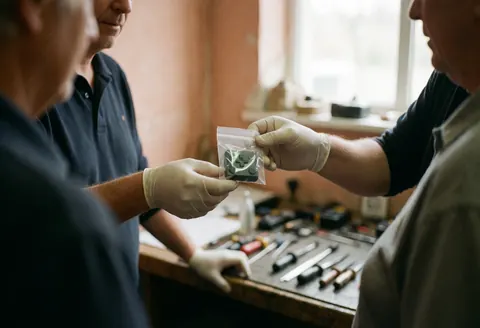 A technician wearing gloves delivers a D-pad component in a plastic bag to a customer at a console repair shop.