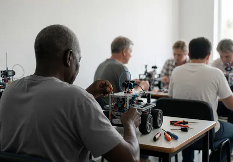 Hands working on a wheeled robot assembly in a robotics workshop with tools on a table and white walls