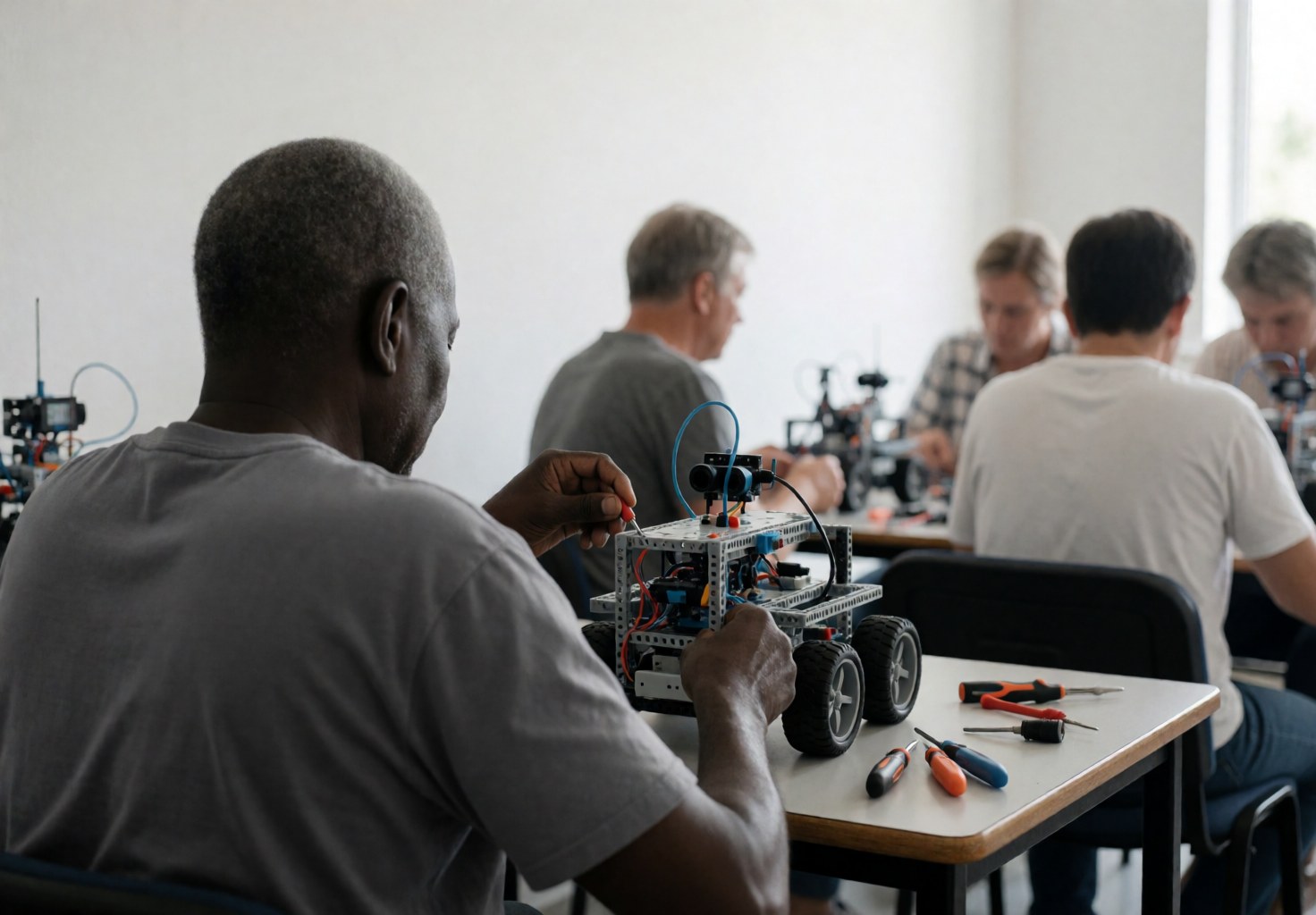 Hands working on a wheeled robot assembly in a robotics workshop with tools on a table and white walls