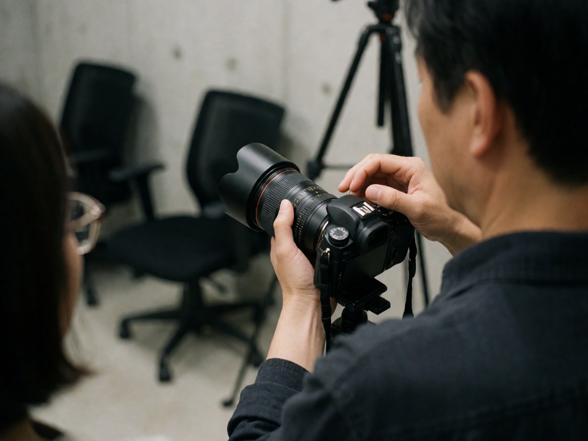 Close-up of hands adjusting the focus ring on a professional camera lens with office chairs and a tripod in the background