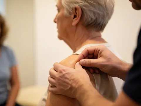 Close-up of a therapist's hand pressing into a client's shoulder during a deep tissue massage session in a clinical setting with white walls and warm lighting.