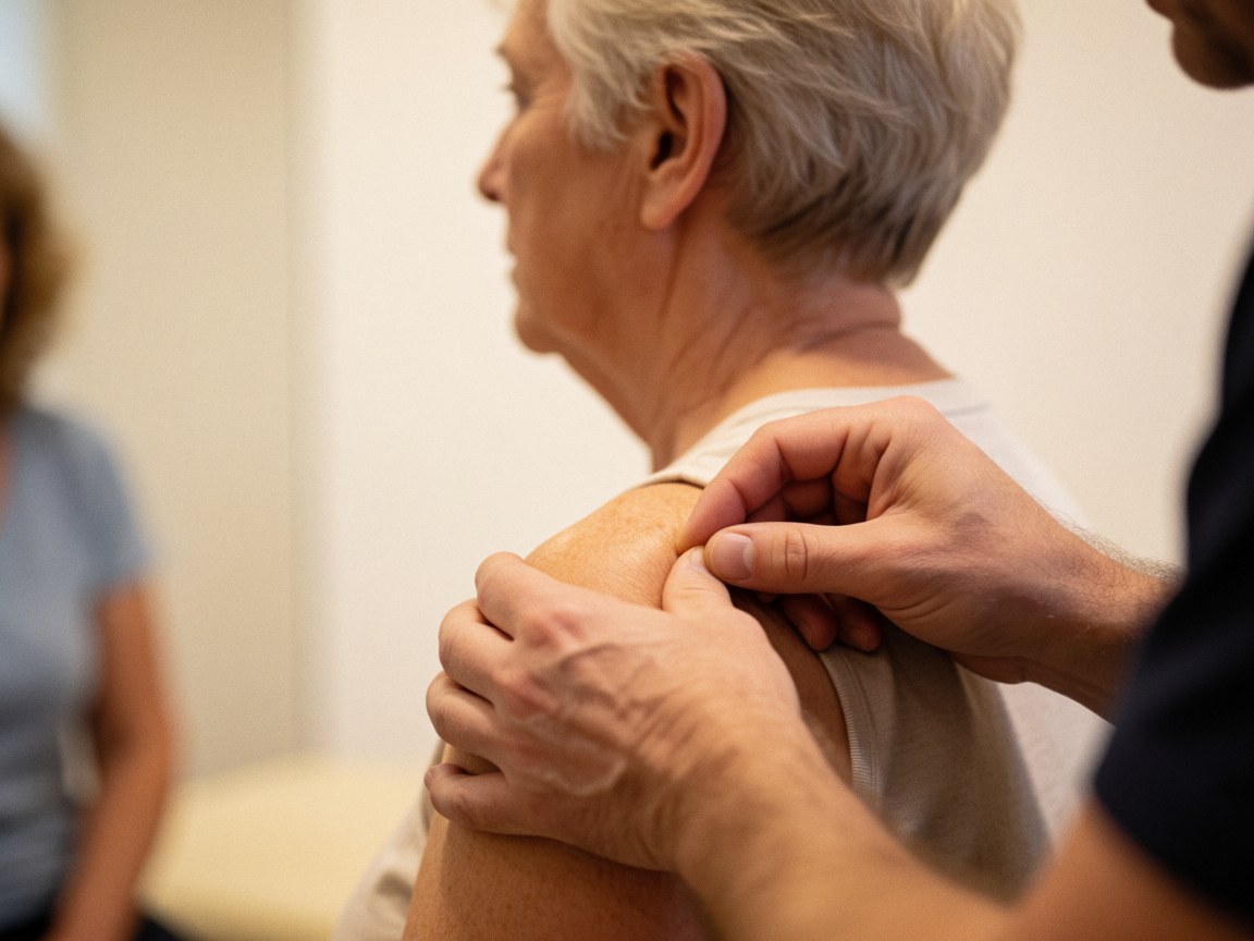 Close-up of a therapist's hand pressing into a client's shoulder during a deep tissue massage session in a clinical setting with white walls and warm lighting.