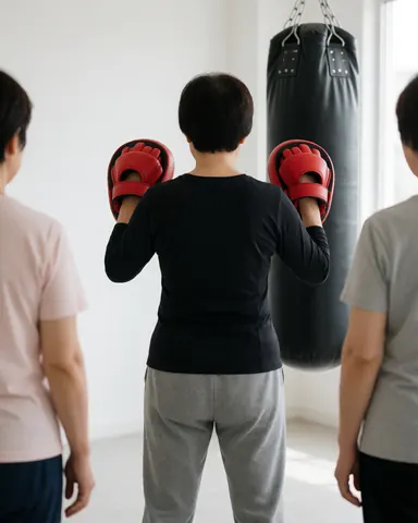 Female boxing instructor wearing red gloves standing in front of a punching bag in a gym with white walls and natural light
