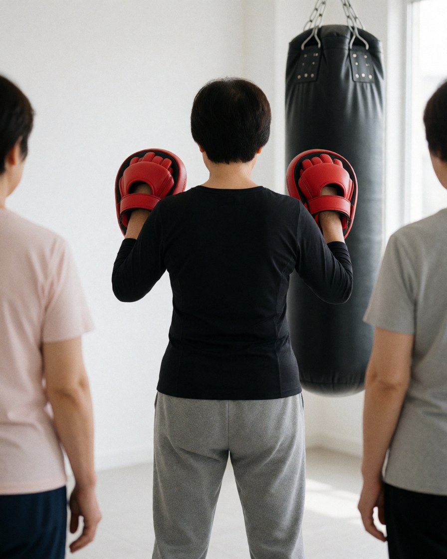 Female boxing instructor wearing red gloves standing in front of a punching bag in a gym with white walls and natural light