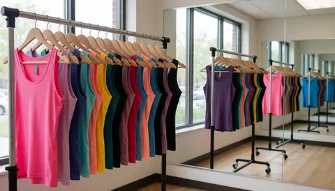 A rack of colorful dance shirts positioned in front of windows and mirrors in a modern dance studio.