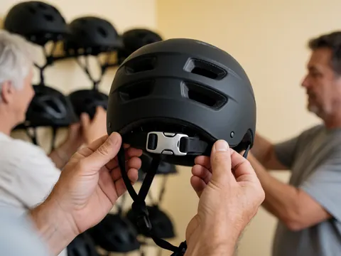 Black bicycle helmet featuring ventilation holes and a silver buckle, displayed in a sports equipment storage area with beige walls.