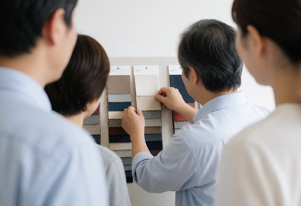A textile specialist adjusts a fabric sample in front of clients against a white wall with natural light.