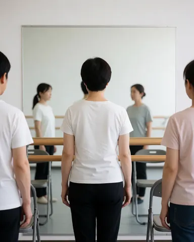 Back view of a person standing before a large wall mirror during a theater rehearsal with ballet barre and chairs