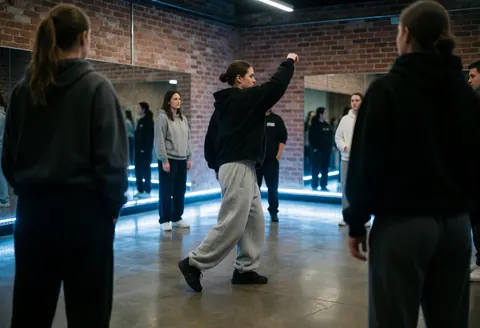 Hip hop dancers practicing movements in a studio with brick walls, mirrors, and blue LED lighting.