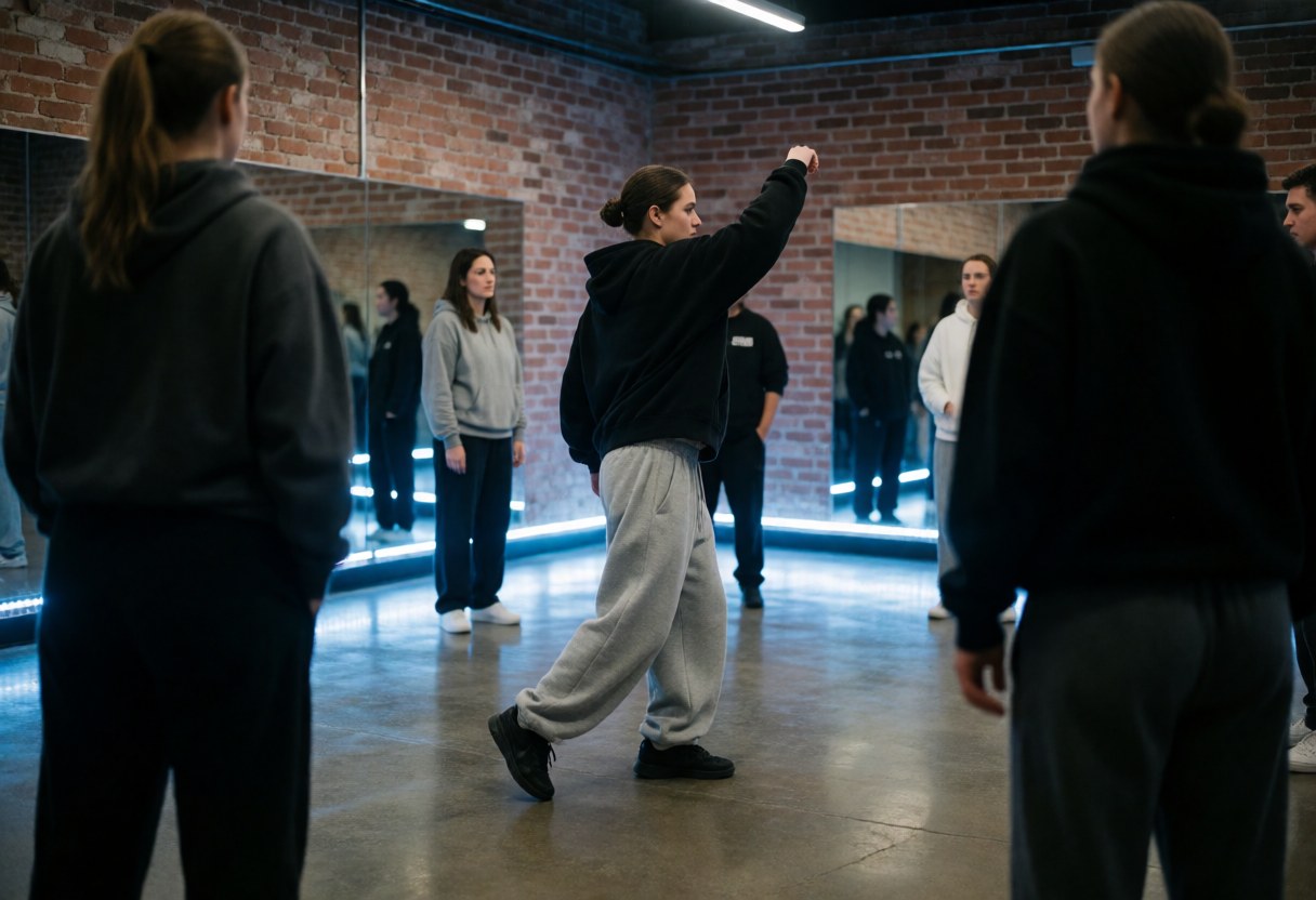 Hip hop dancers practicing movements in a studio with brick walls, mirrors, and blue LED lighting.